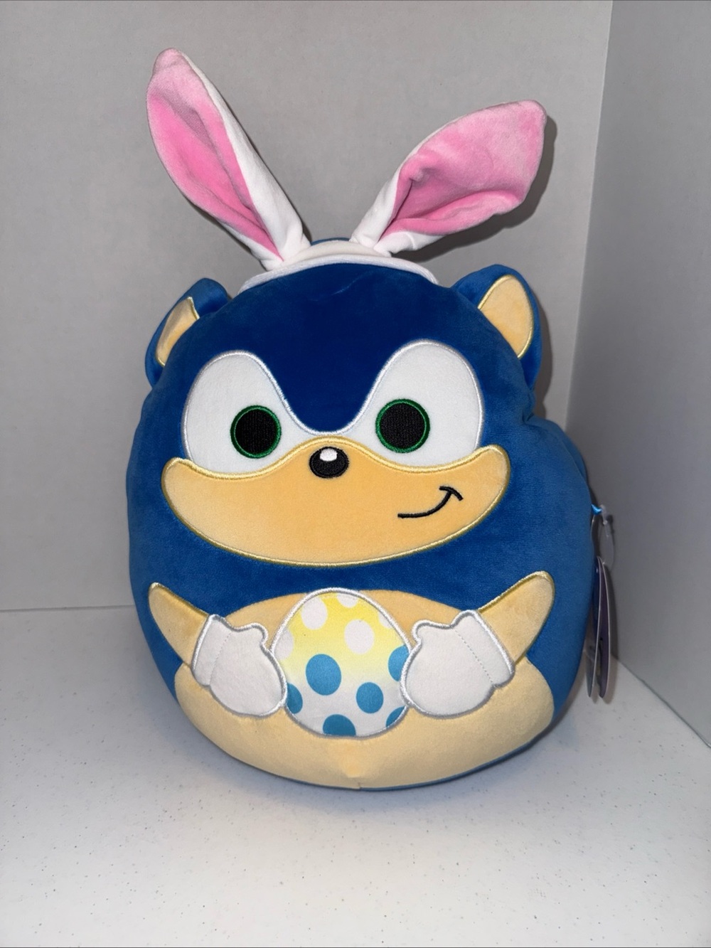 Sonic squishmallow Bunny-Eared Plush Character Holding Polka Dot Egg 12”